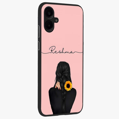 Sunflower Braid Beauty With Custom Name Glass Case upright view showcasing bright sunflower artwork with personalized floral aesthetic.