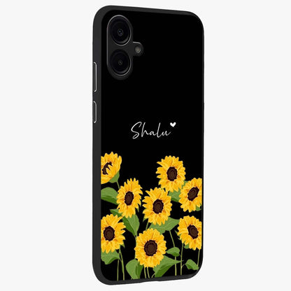 Sunflower Chic Mood Custom Name Glass Case upright view showcasing cheerful sunflower artwork with trendy floral theme.