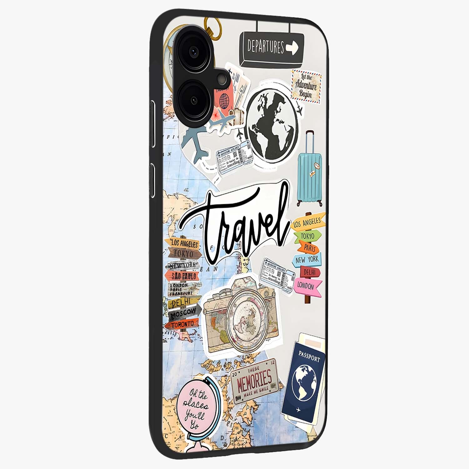 Wanderlust Journal Glass Case upright view showcasing wanderlust inspired artwork with creative exploration theme.