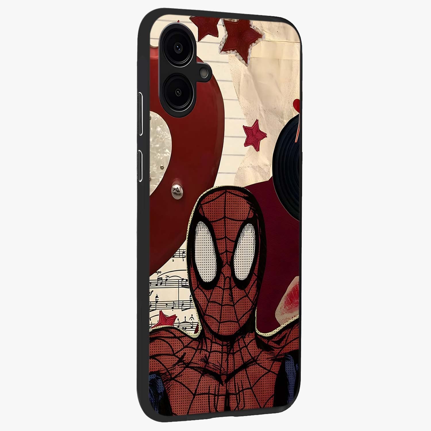 Web Warrior Vibes Glass Case upright view showcasing energetic superhero artwork with bold action theme.