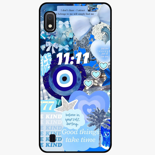 Aesthetic Be Kind Eye Glass Case showing flat back view with motivational eye artwork and glossy glass finish.