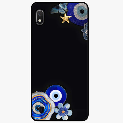 Aesthetic Blue Evil Eye Glass Case showing flat back view with protective evil eye artwork and glossy glass finish.