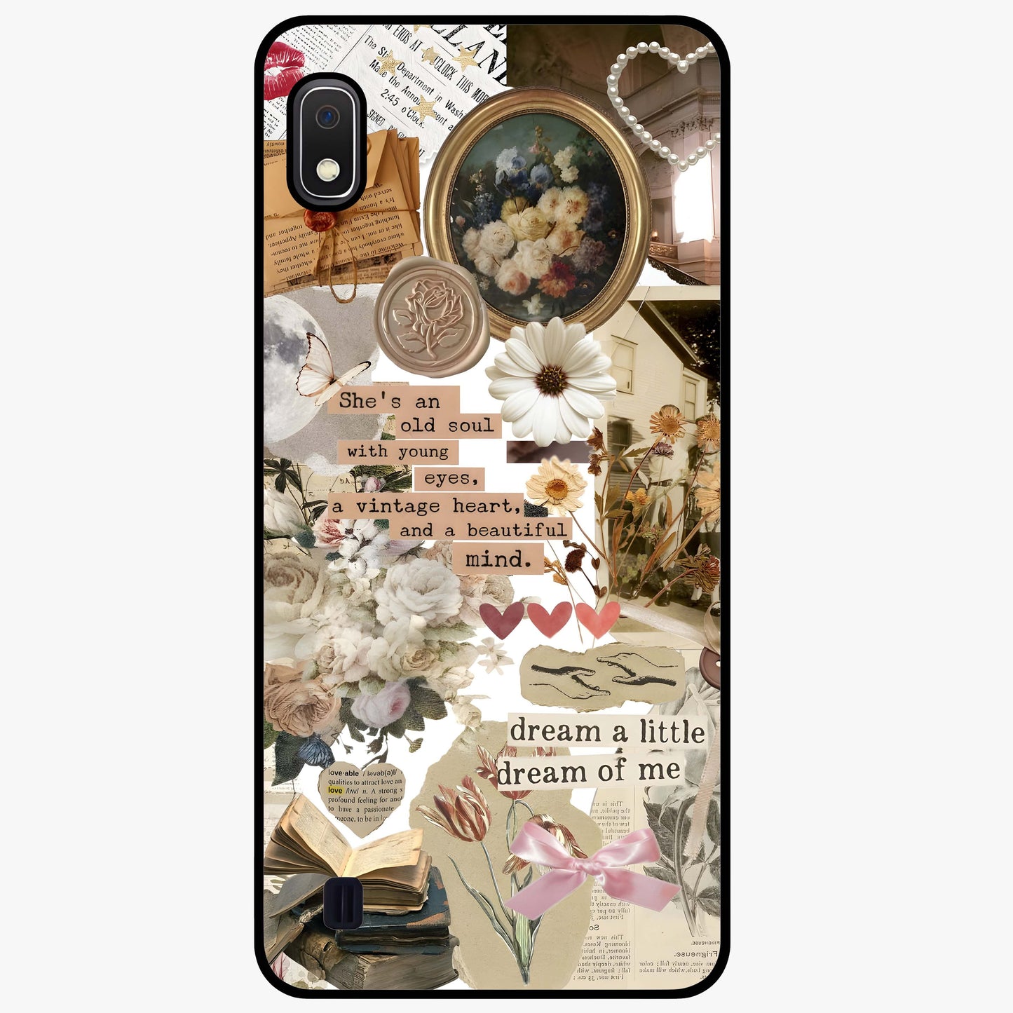 Aesthetic Brown Vintage Collage Glass Case showing flat back view with retro collage artwork and glossy glass finish.