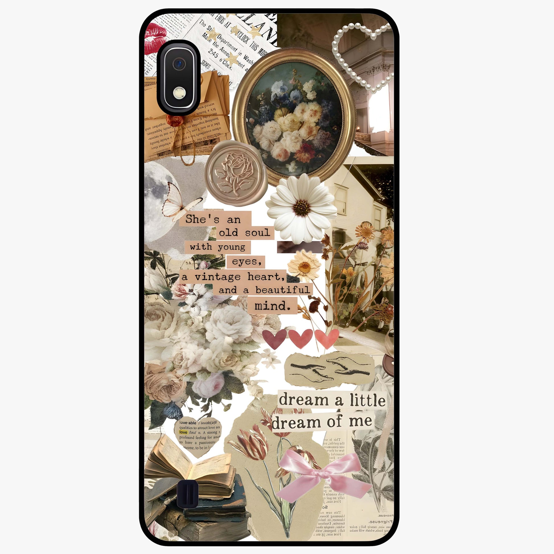 Aesthetic Brown Vintage Collage Glass Case showing flat back view with retro collage artwork and glossy glass finish.