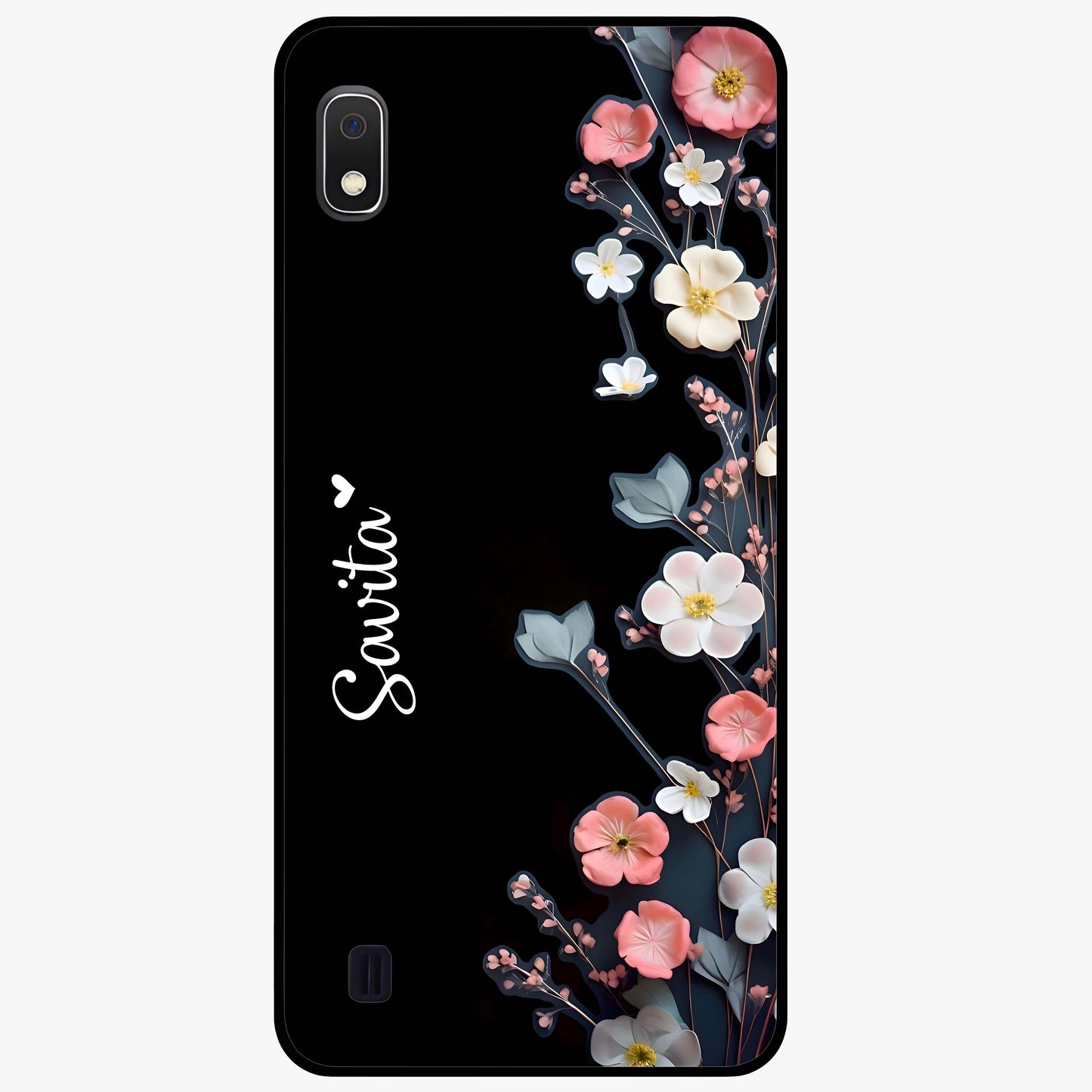 Black Elegance Floral Custom Name Glass Case showing flat back view with elegant floral artwork and personalized name design.