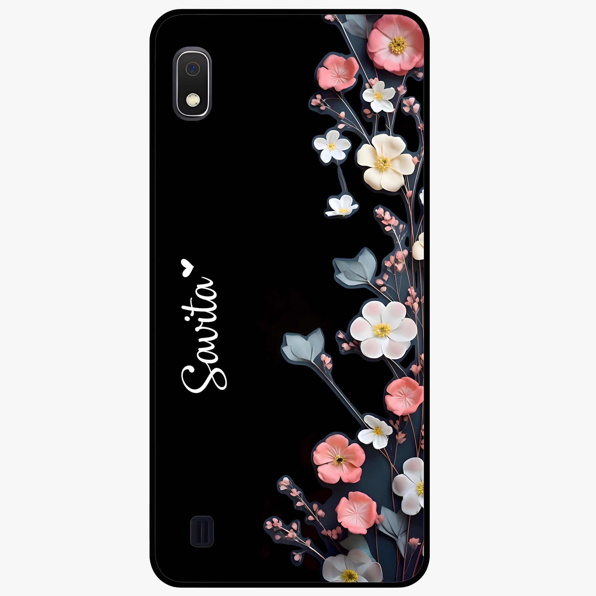 Black Elegance Floral Custom Name Glass Case showing flat back view with elegant floral artwork and personalized name design.