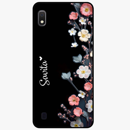 Black Elegance Floral Custom Name Glass Case showing flat back view with elegant floral artwork and personalized name design.