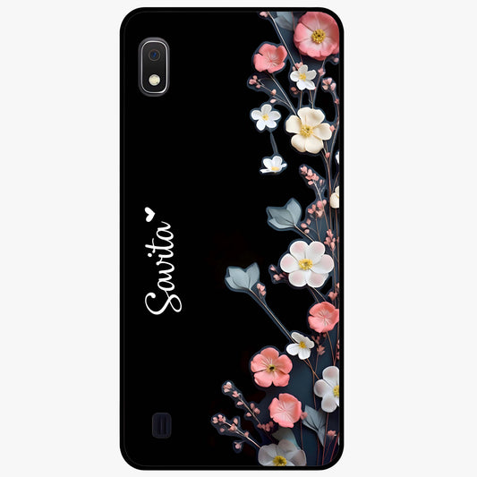 Black Elegance Floral Custom Name Glass Case showing flat back view with elegant floral artwork and personalized name design.