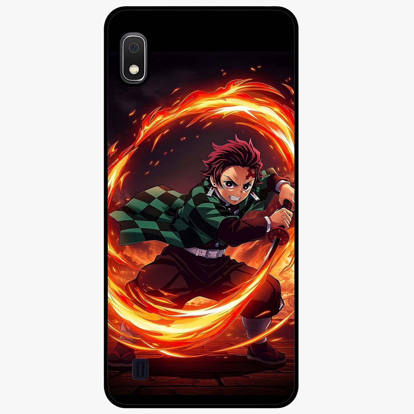 Blazing Sword Resolve Glass Case showing flat back view with fiery sword artwork and glossy glass finish.