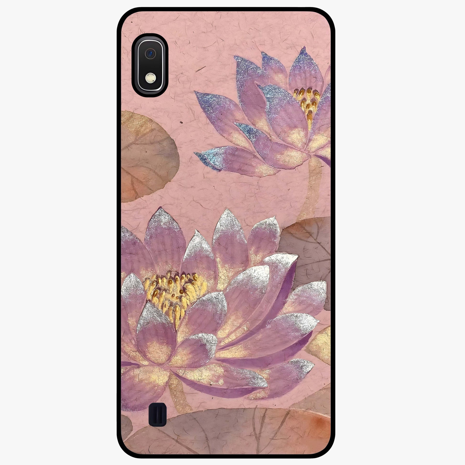 Blossom Mist Lotus Glass Case showing flat back view with serene lotus blossom artwork and glossy glass finish.