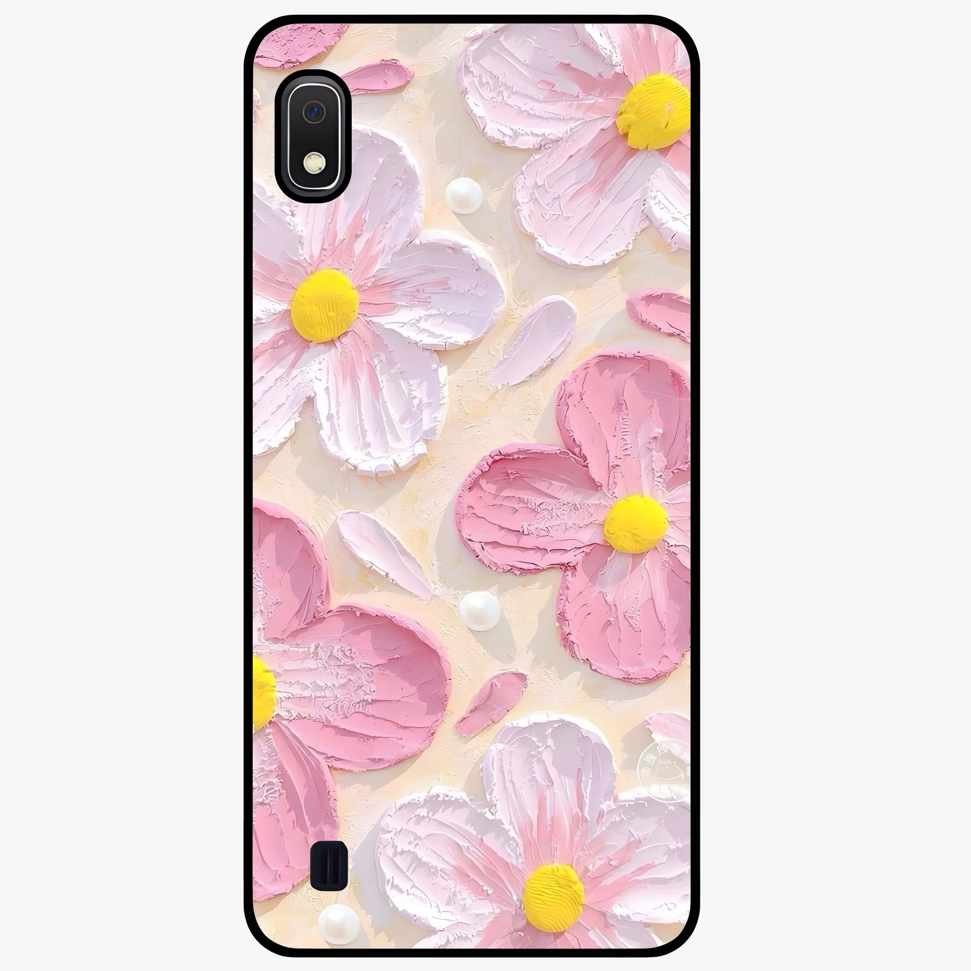 Blush Bloom Texture Glass Case showing flat back view with soft blush floral texture artwork and glossy glass finish.