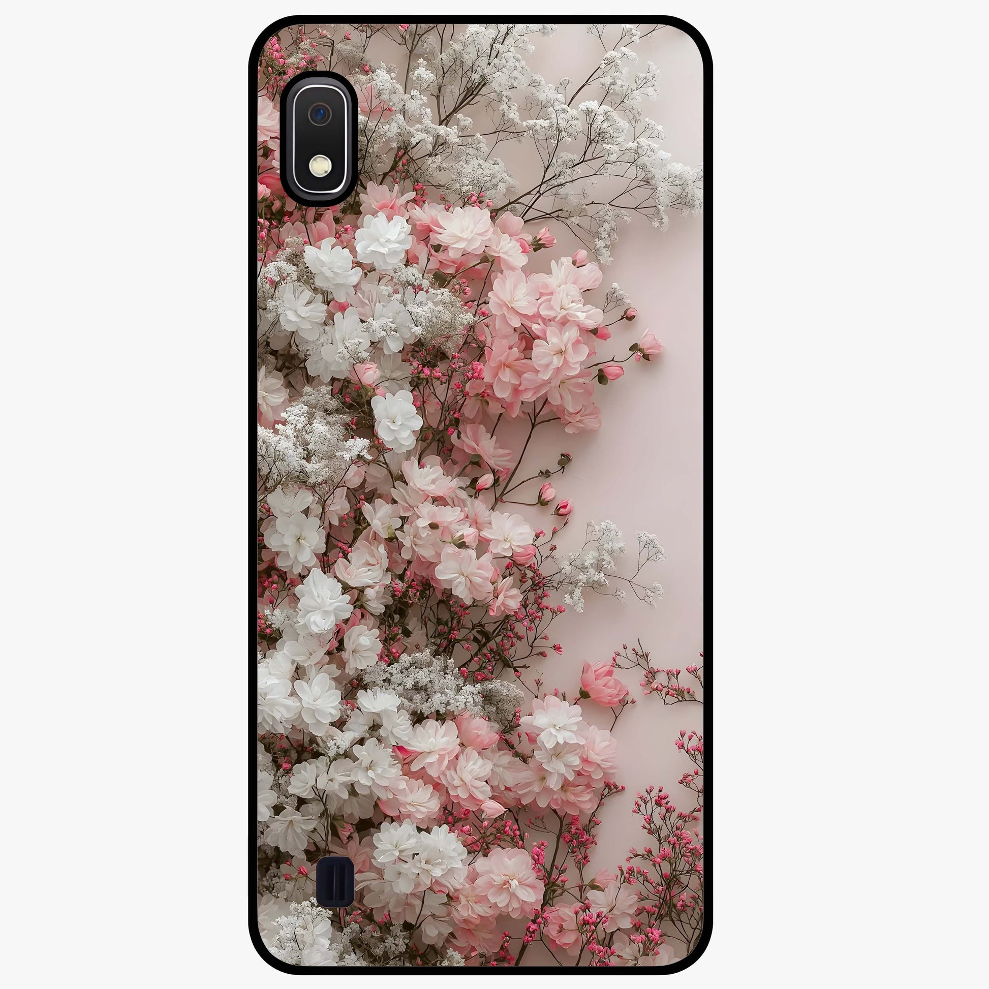 Blush Blossom Cloud Glass Case showing flat back view with dreamy blush cloud blossom artwork and glossy glass finish.