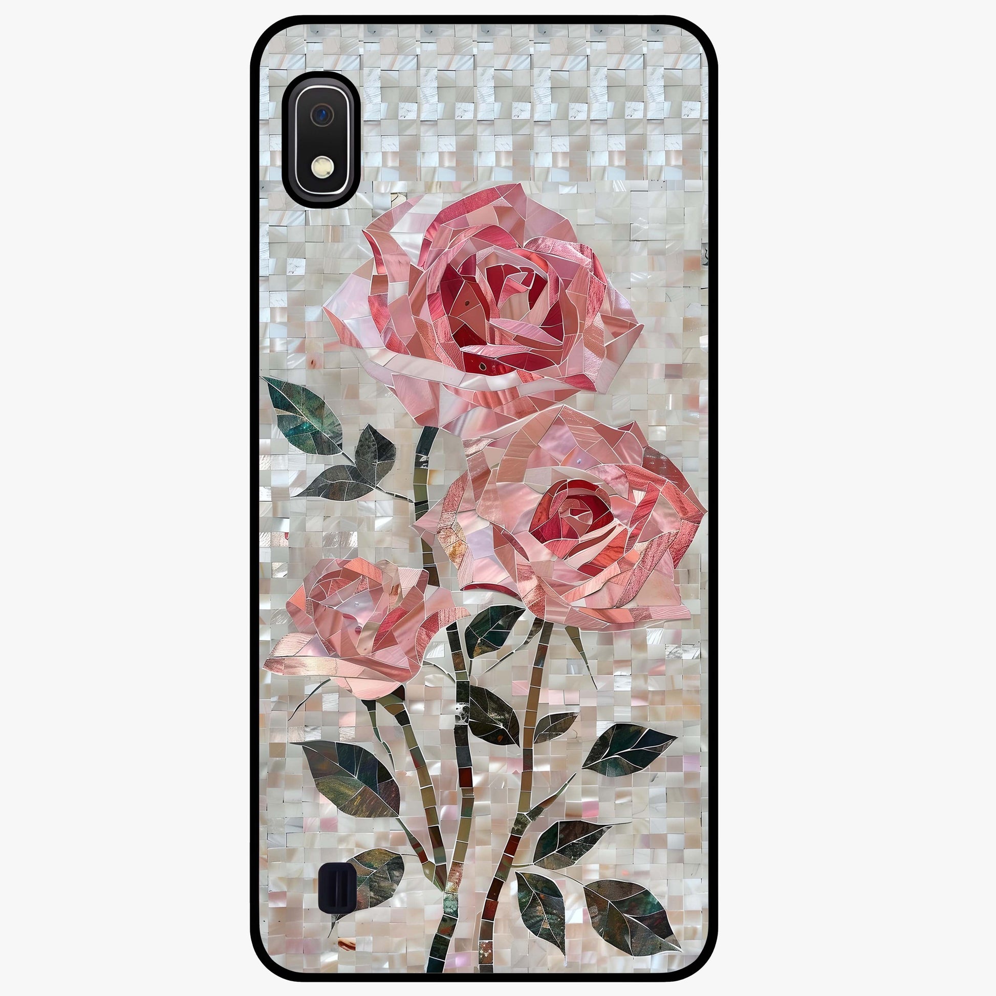 Blush Mosaic Bloom Glass Case showing flat back view with mosaic floral bloom artwork and glossy glass finish.