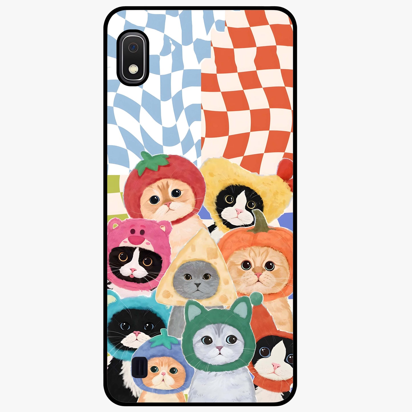 Cats in Fruits Glass Case showing flat back view with playful cat illustrations inside fruit artwork and glossy glass finish.