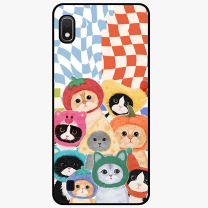 Cats in Fruits Glass Case showing flat back view with playful cat illustrations inside fruit artwork and glossy glass finish.