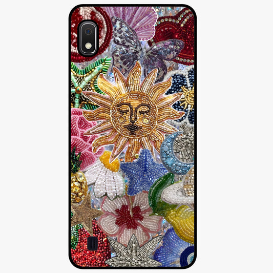 Celestial Floral and Playful Glass Case showing flat back view with floral and celestial themed artwork and glossy glass finish.
