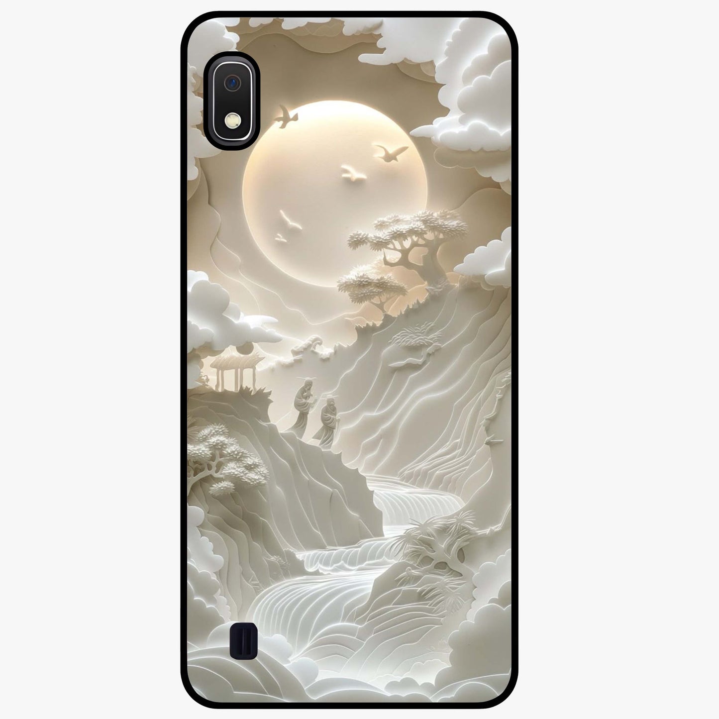 Celestial Origami Glass Case showing flat back view with artistic origami inspired celestial artwork and glossy glass finish.
