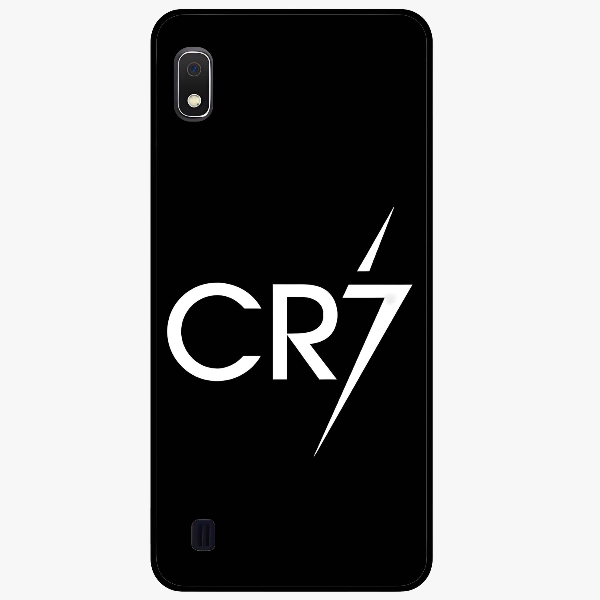 Cr7 Elite Strike Glass Case showing flat back view with dynamic football inspired artwork and glossy glass finish.