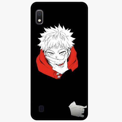 Crimson Chaos Smile Glass Case showing flat back view with bold chaotic smile artwork and glossy glass finish.