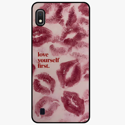 Crimson Kiss Love Glass Case showing flat back view with romantic crimson themed artwork and glossy glass finish.