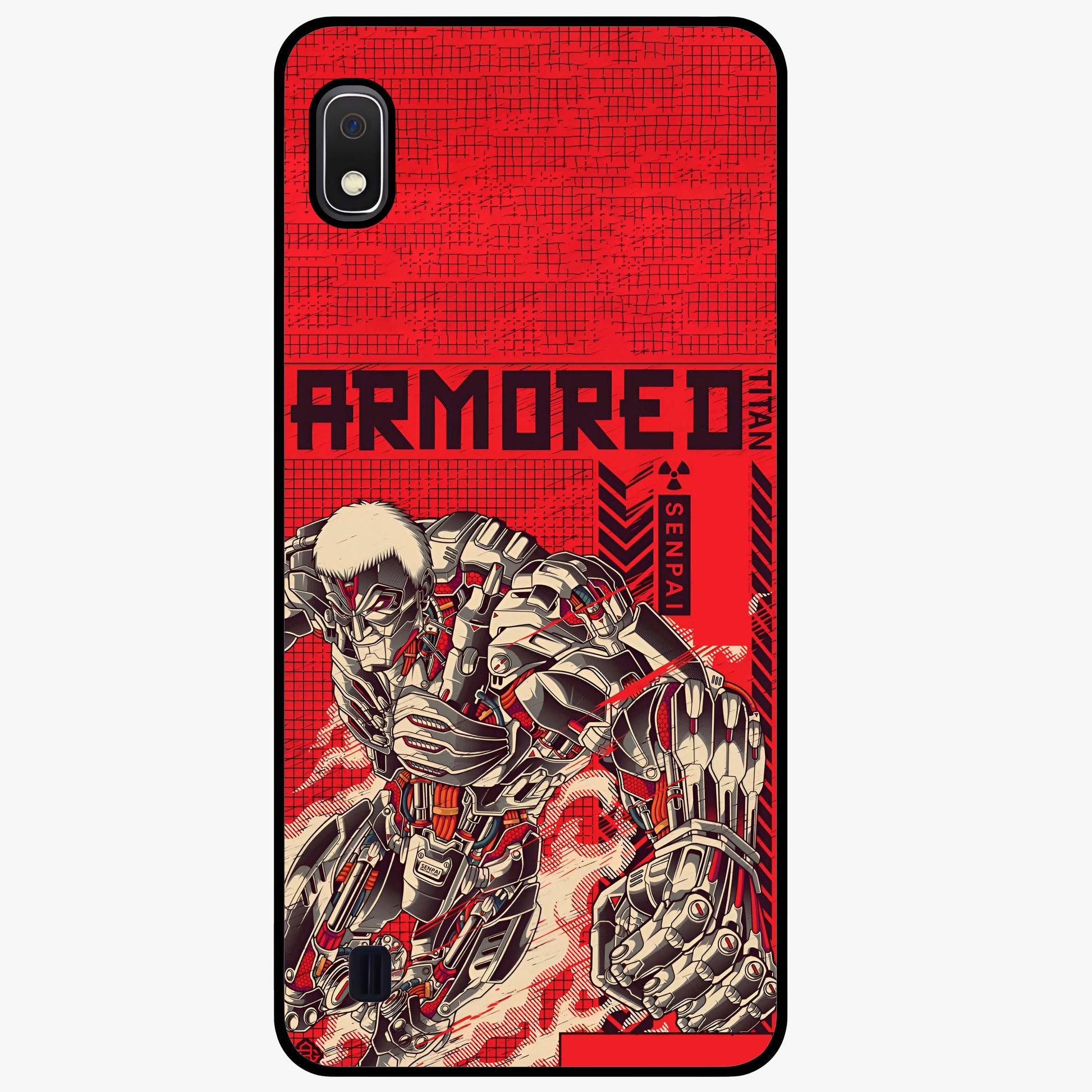 Crimson Mecha Titan Glass Case showing flat back view with powerful mech titan artwork and glossy glass finish.