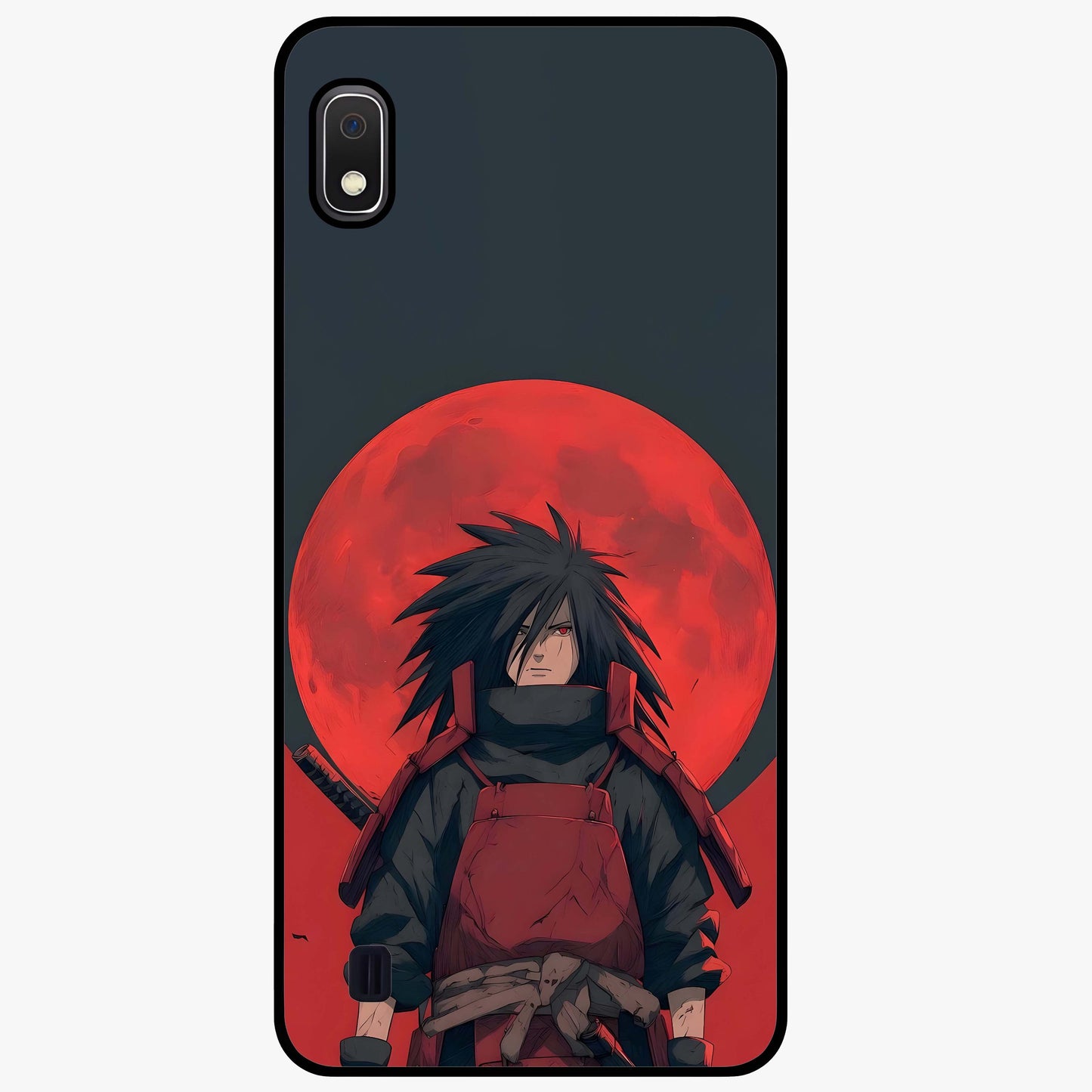 Crimson Moon Warlord Glass Case showing flat back view with mystical moon warrior artwork and glossy glass finish.