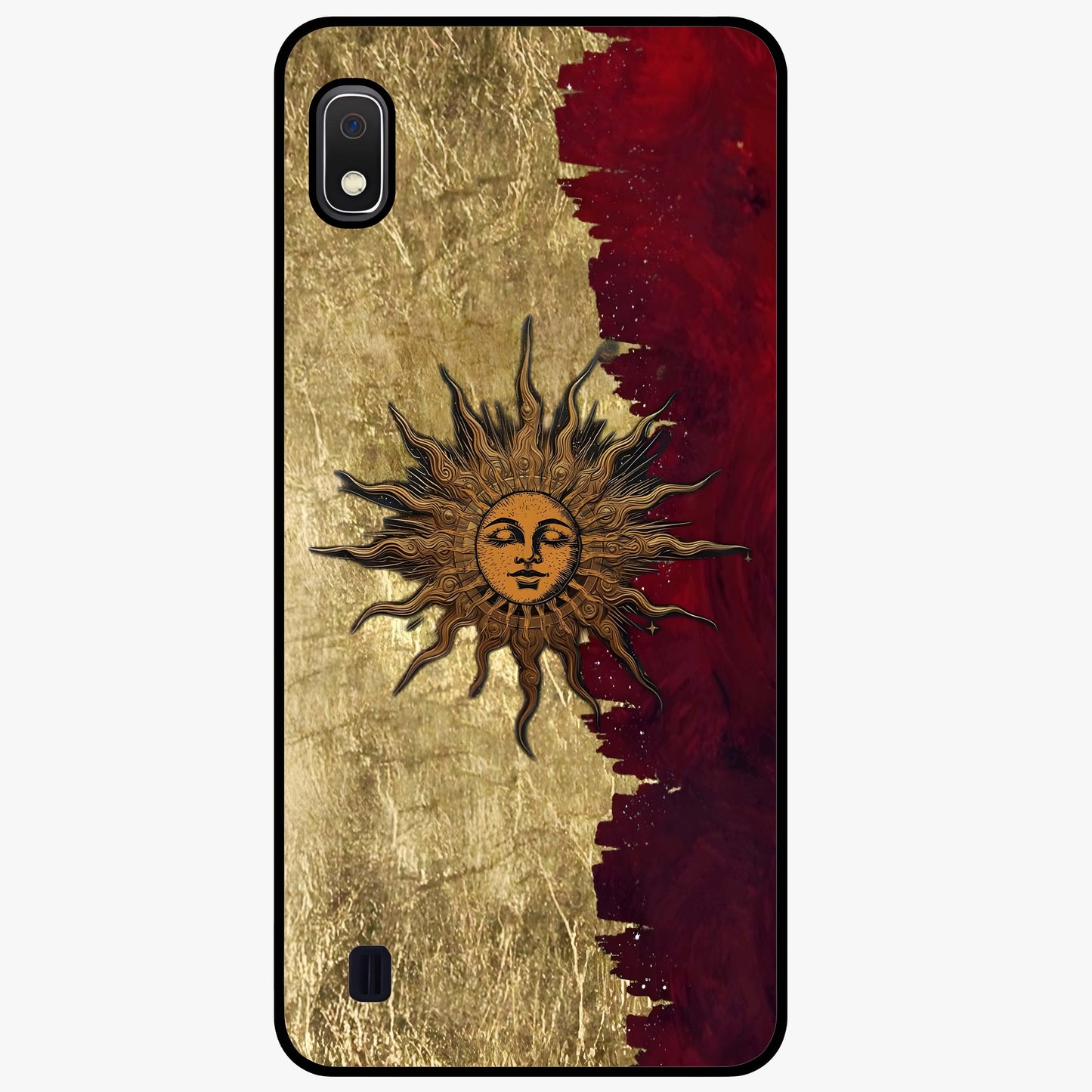 Crimson Sun Majesty Glass Case showing flat back view with radiant sun inspired artwork and glossy glass finish.