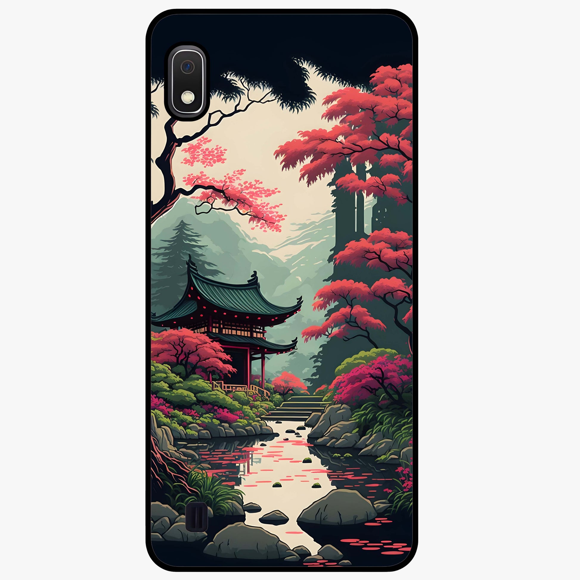 Crimson Temple View Glass Case showing flat back view with temple inspired artwork and glossy glass finish.