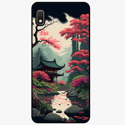 Crimson Temple View Glass Case showing flat back view with temple inspired artwork and glossy glass finish.
