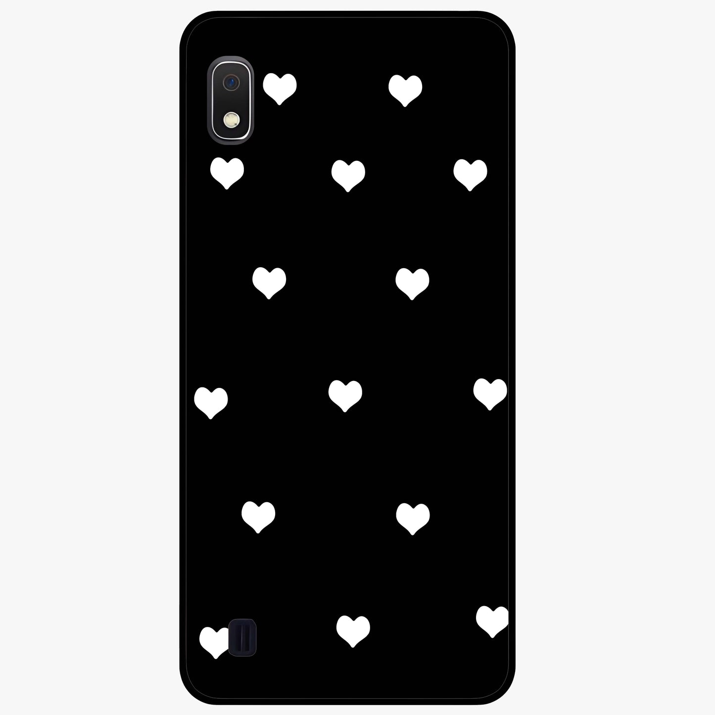 Cute And Simple White Hearts Glass Case showing flat back view with minimal white heart pattern and glossy glass finish.