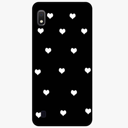 Cute And Simple White Hearts Glass Case showing flat back view with minimal white heart pattern and glossy glass finish.