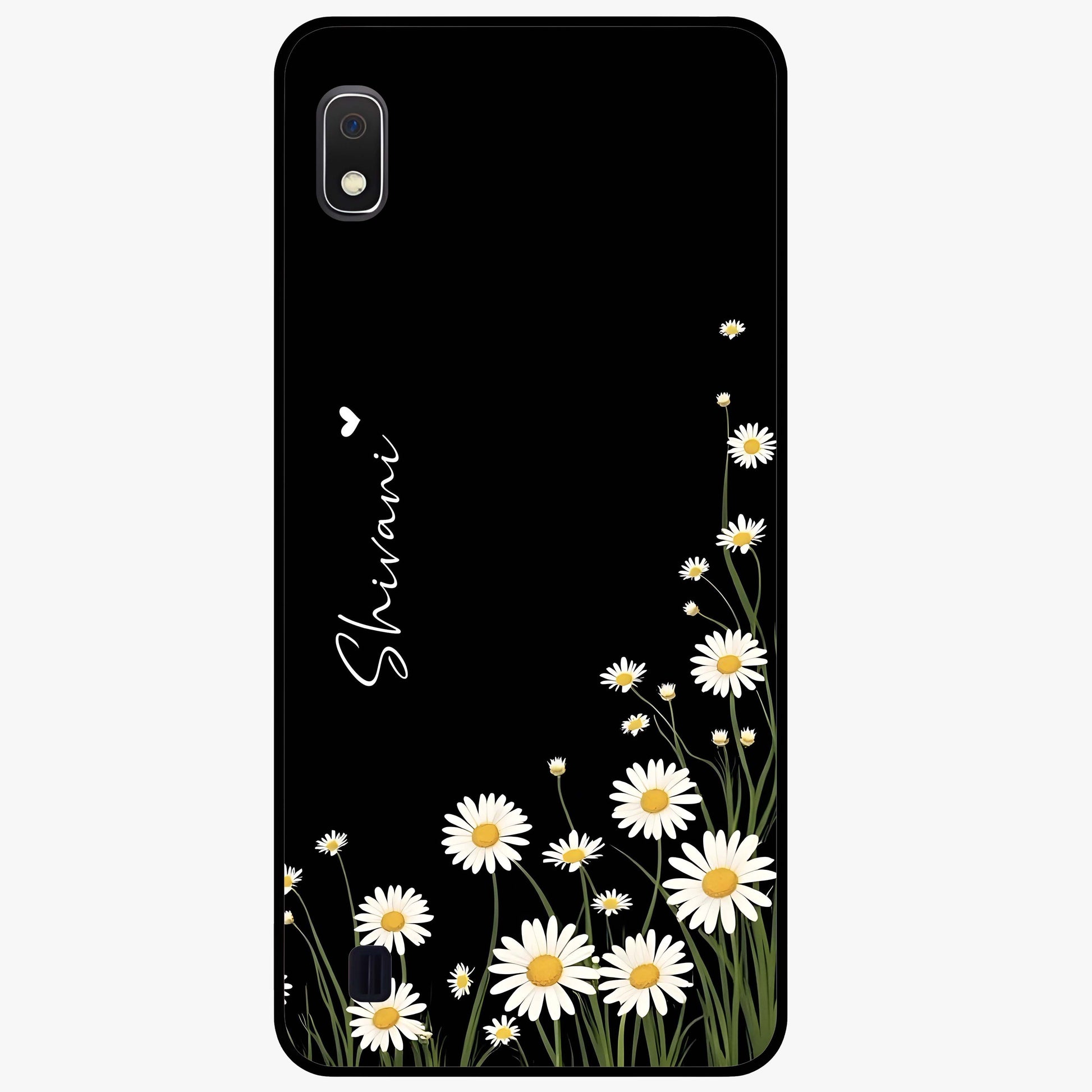 Daisy Cascade Custom Name Glass Case showing flat back view with cascading daisy flowers and personalized name design.