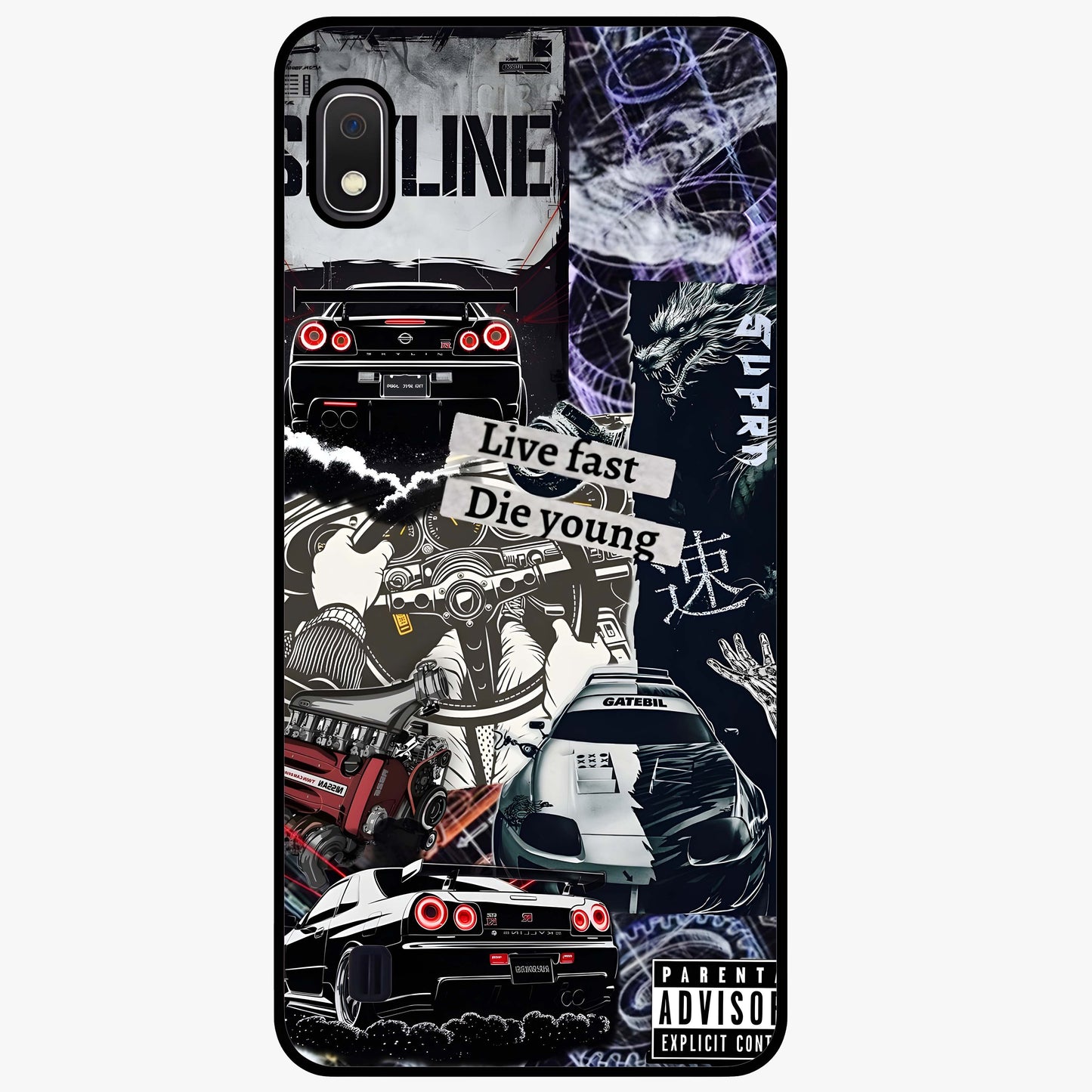 Die Young Glass Case showing flat back view with bold artistic typography design and glossy glass finish.