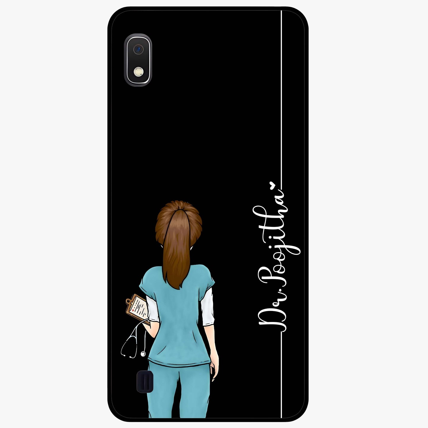 Doctor Pattern Custom Name Glass Case showing flat back view with medical themed pattern and personalized name design.