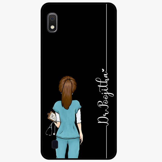 Doctor Pattern Custom Name Glass Case showing flat back view with medical themed pattern and personalized name design.