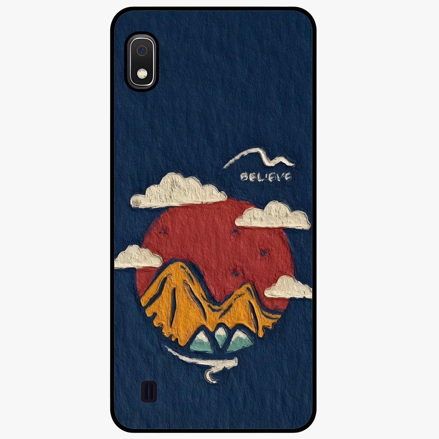 Dream Beyond Mountains Glass Case showing flat back view with scenic mountain landscape artwork and glossy glass finish.