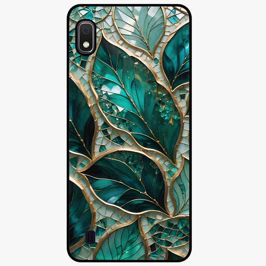 Emerald Leaf Glass Glass Case showing flat back view with emerald green leaf artwork and glossy glass finish.