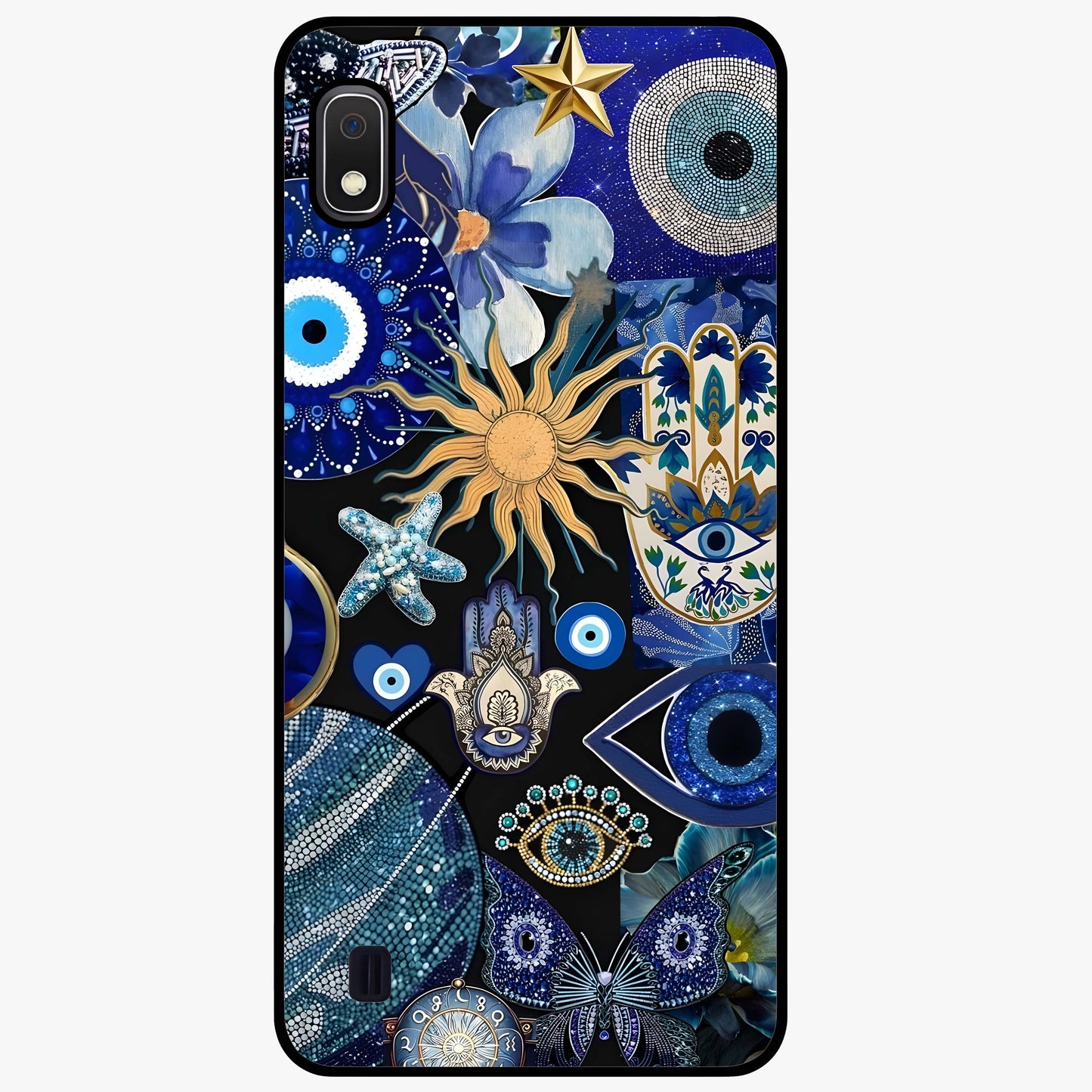 Evil Eye Charm Mix Glass Case showing flat back view with multiple evil eye charms artwork and glossy glass finish.