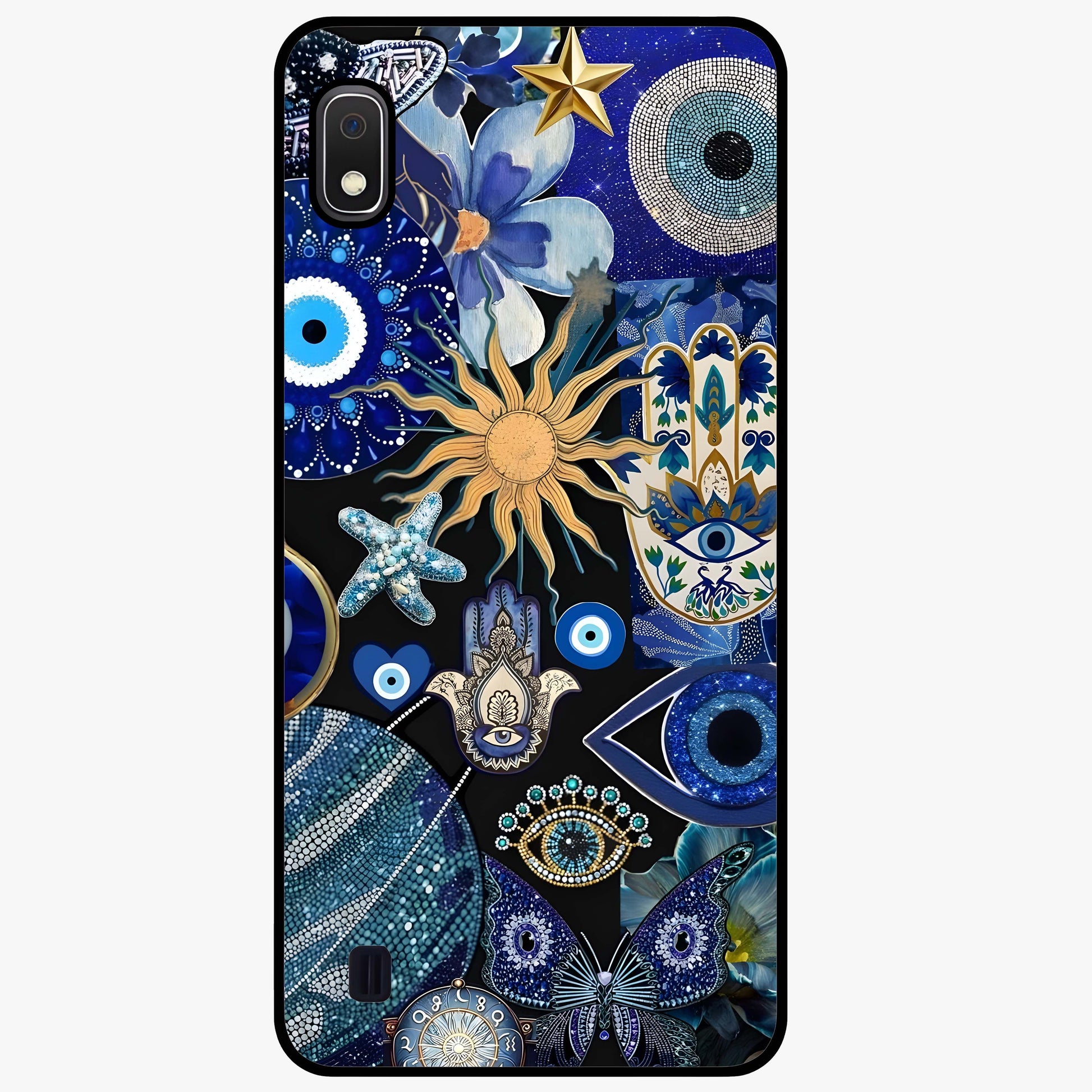 Evil Eye Charm Mix Glass Case showing flat back view with multiple evil eye charms artwork and glossy glass finish.