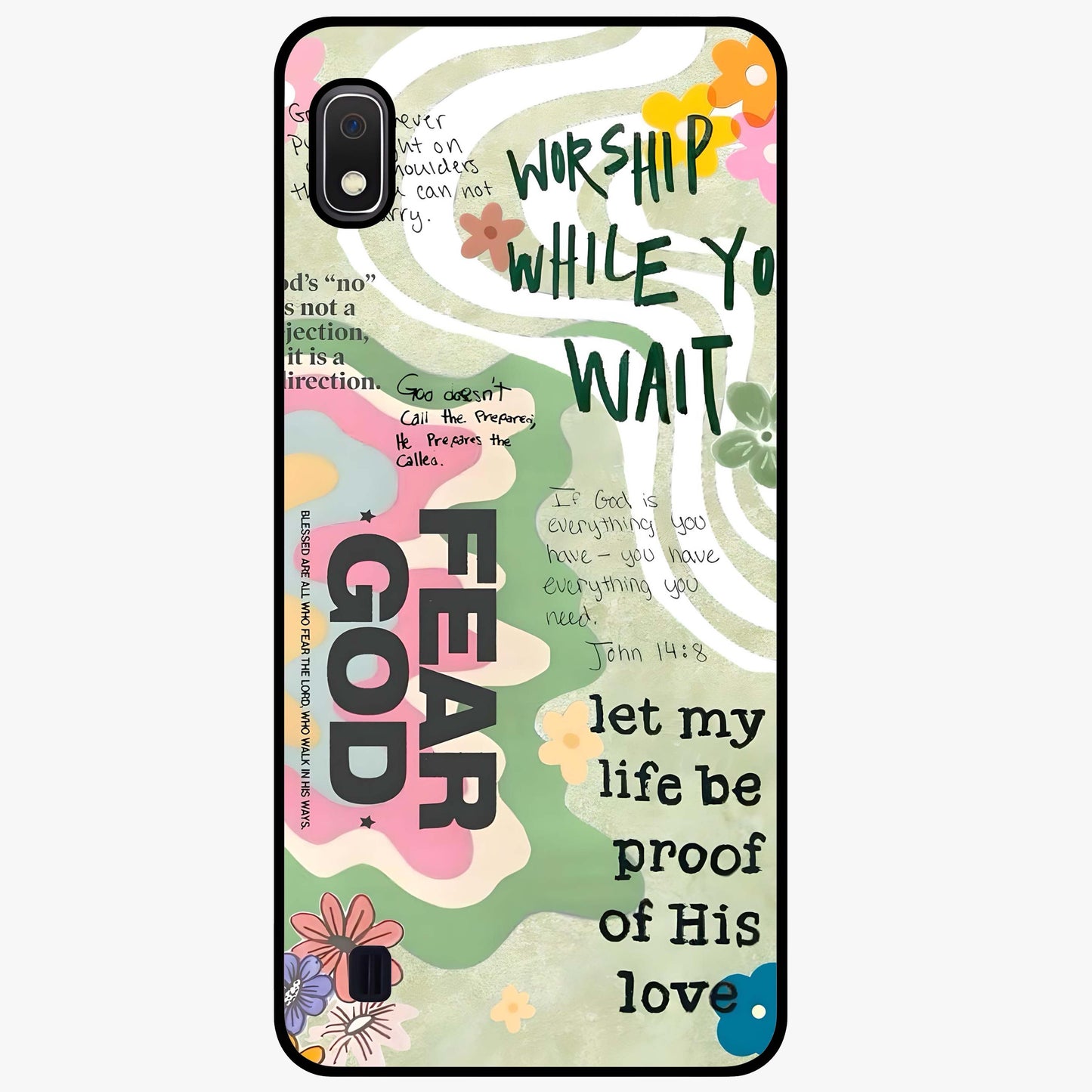 Faith Over Fear Glass Case showing flat back view with motivational typography artwork and glossy glass finish.