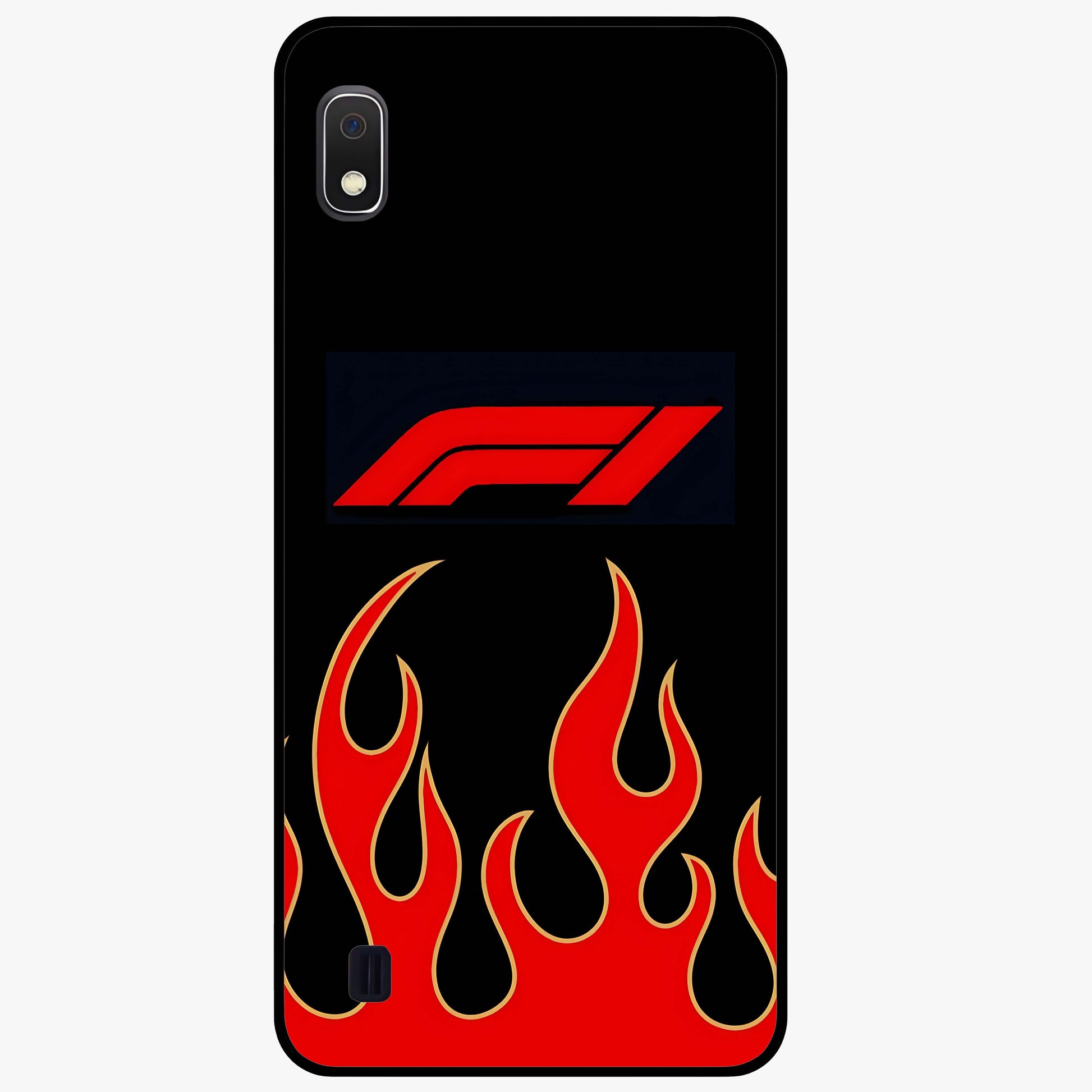Fire F11 Glass Case showing flat back view with fiery themed artwork and glossy glass finish.