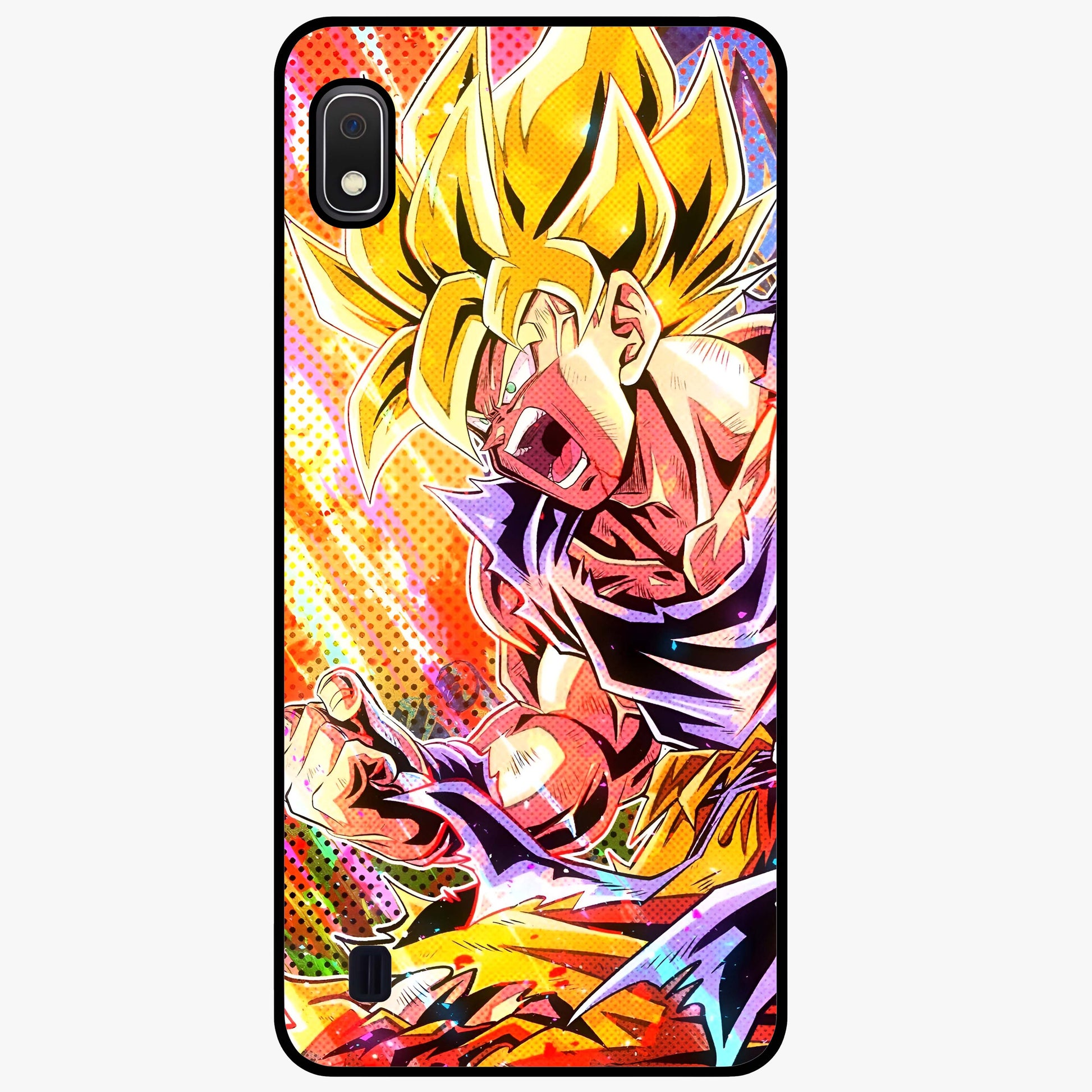 Firing Goku Glass Case showing flat back view with powerful anime inspired artwork and glossy glass finish.