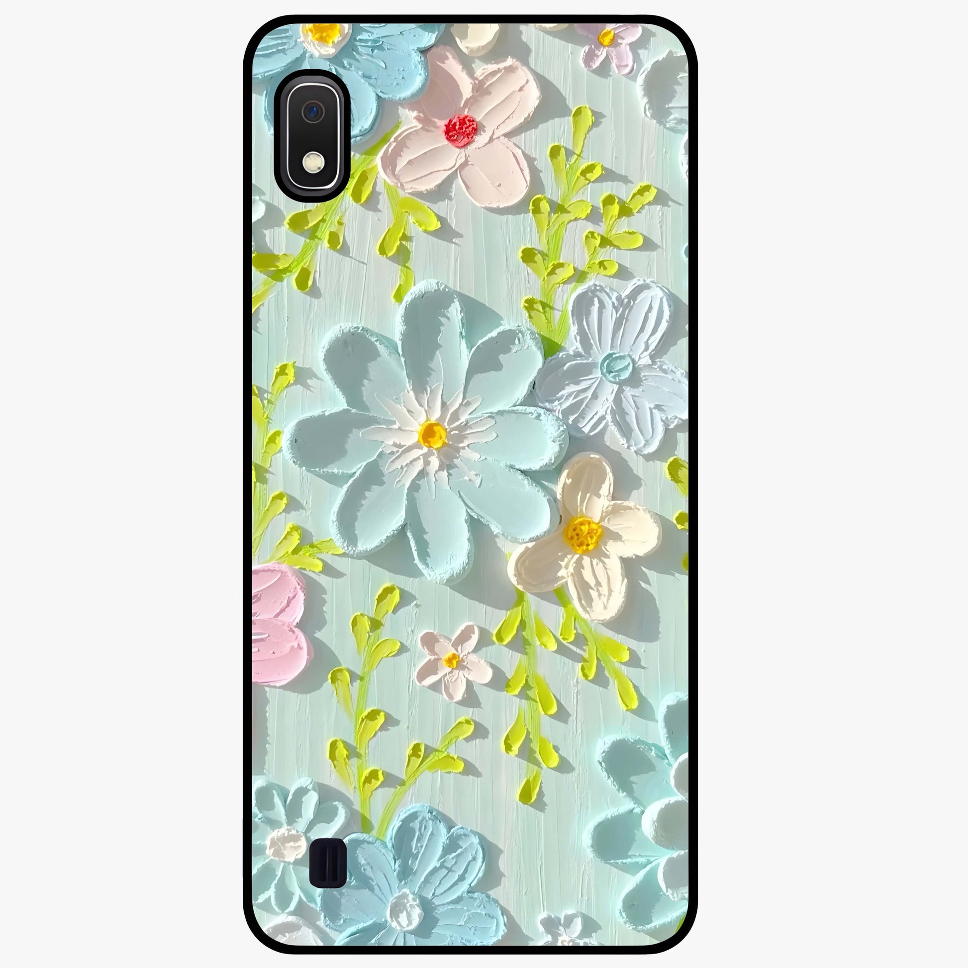 Frosted Petal Garden Glass Case showing flat back view with soft frosted floral artwork and glossy glass finish.