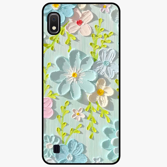 Frosted Petal Garden Glass Case showing flat back view with soft frosted floral artwork and glossy glass finish.