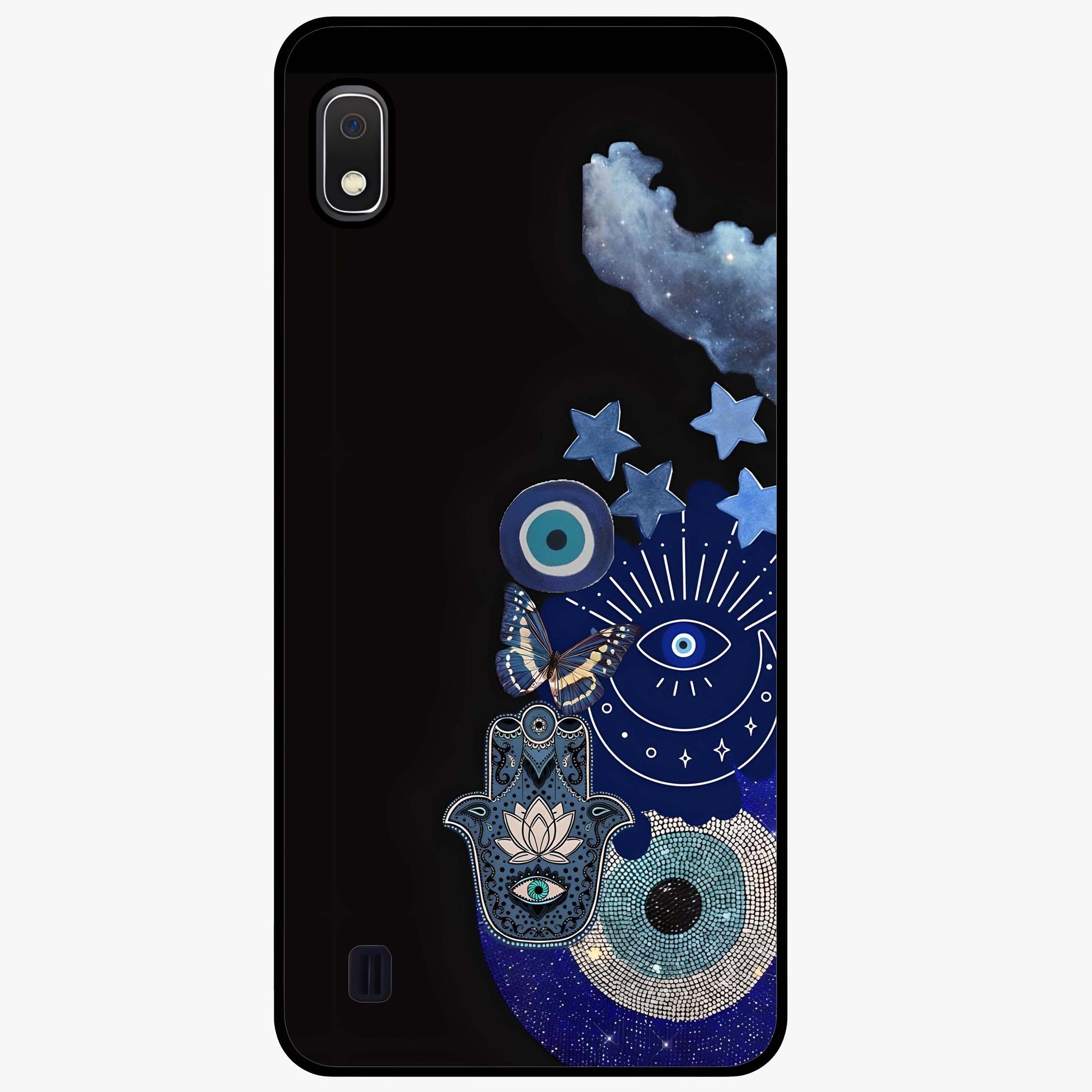 Galactic Charm Cluster Glass Case showing flat back view with glowing celestial charm artwork and glossy glass finish.