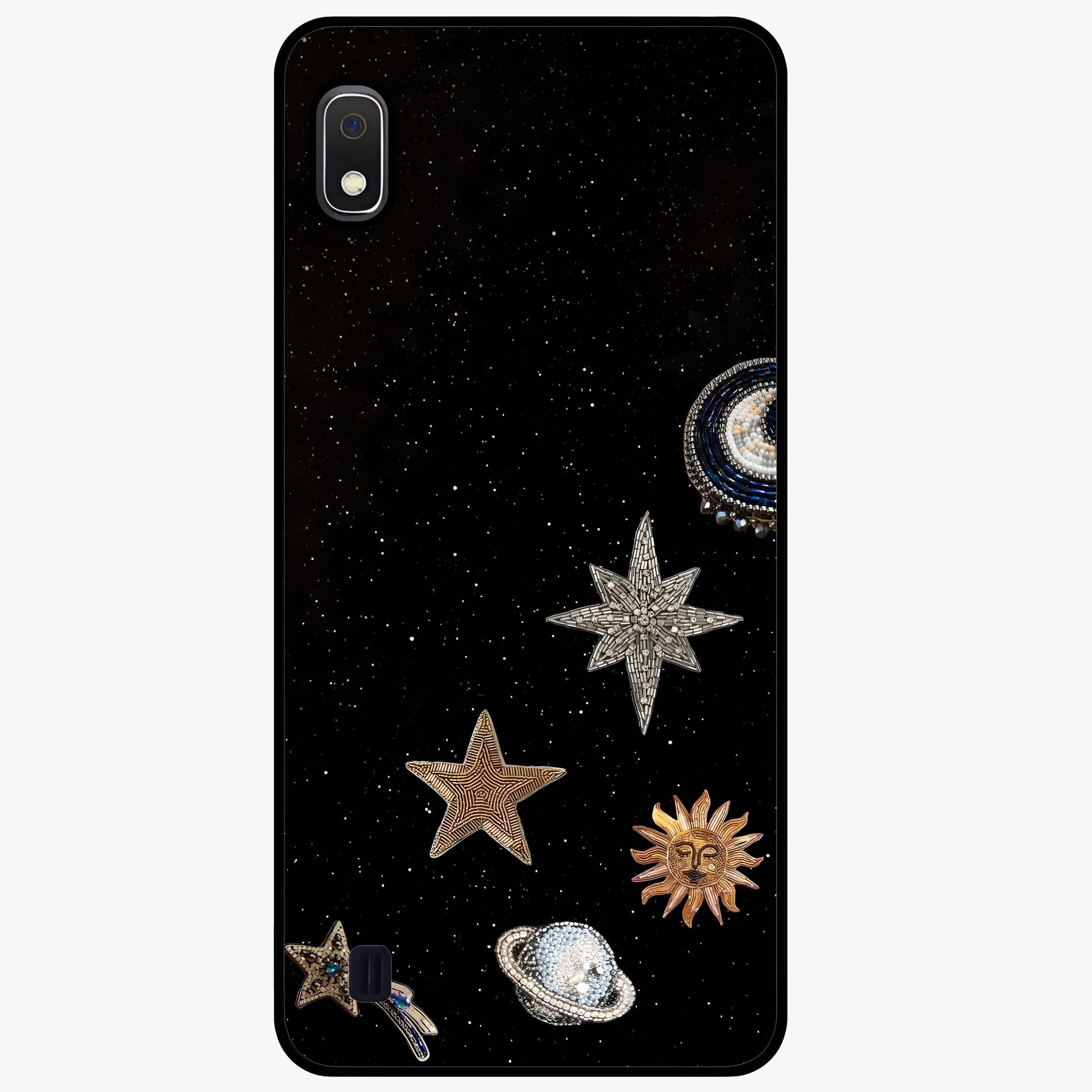 Galactic Charm Glow Glass Case showing flat back view with glowing celestial charm artwork and glossy glass finish.