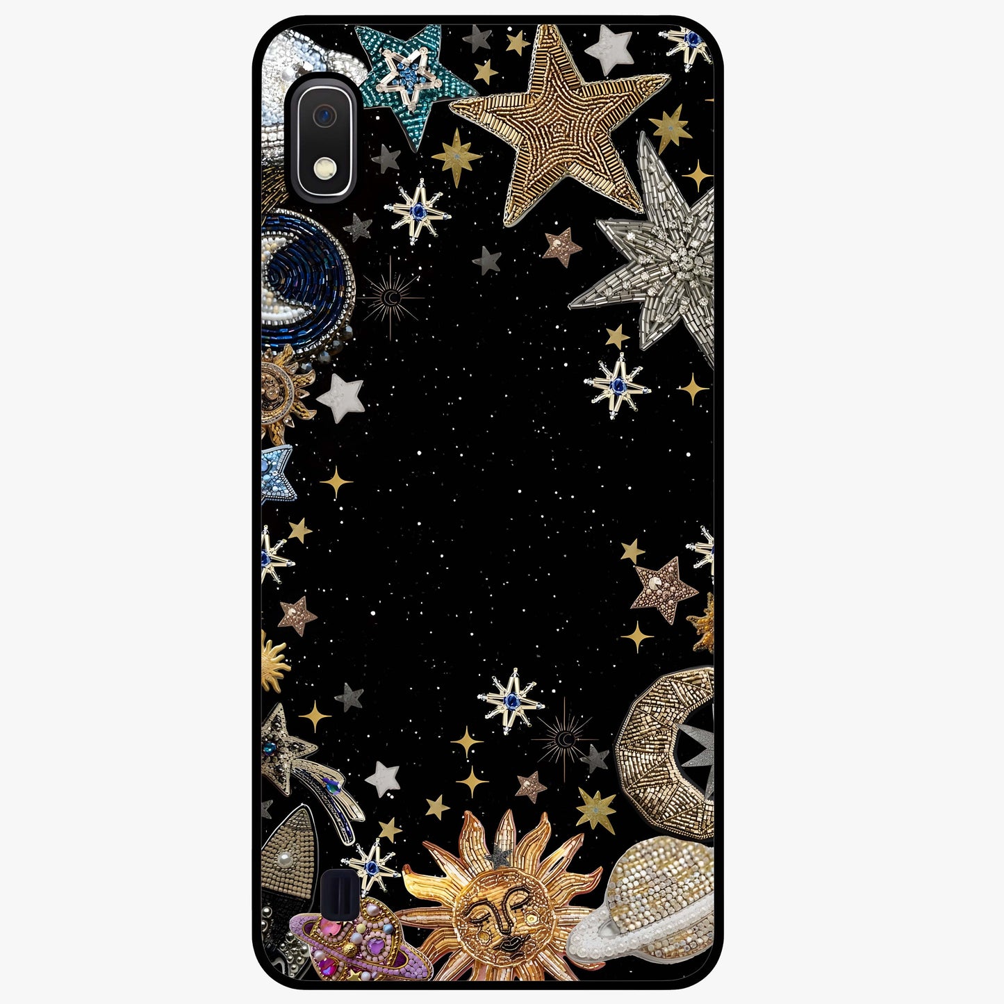 Galactic Jewel Stars Glass Case showing flat back view with sparkling star jewel artwork and glossy glass finish.