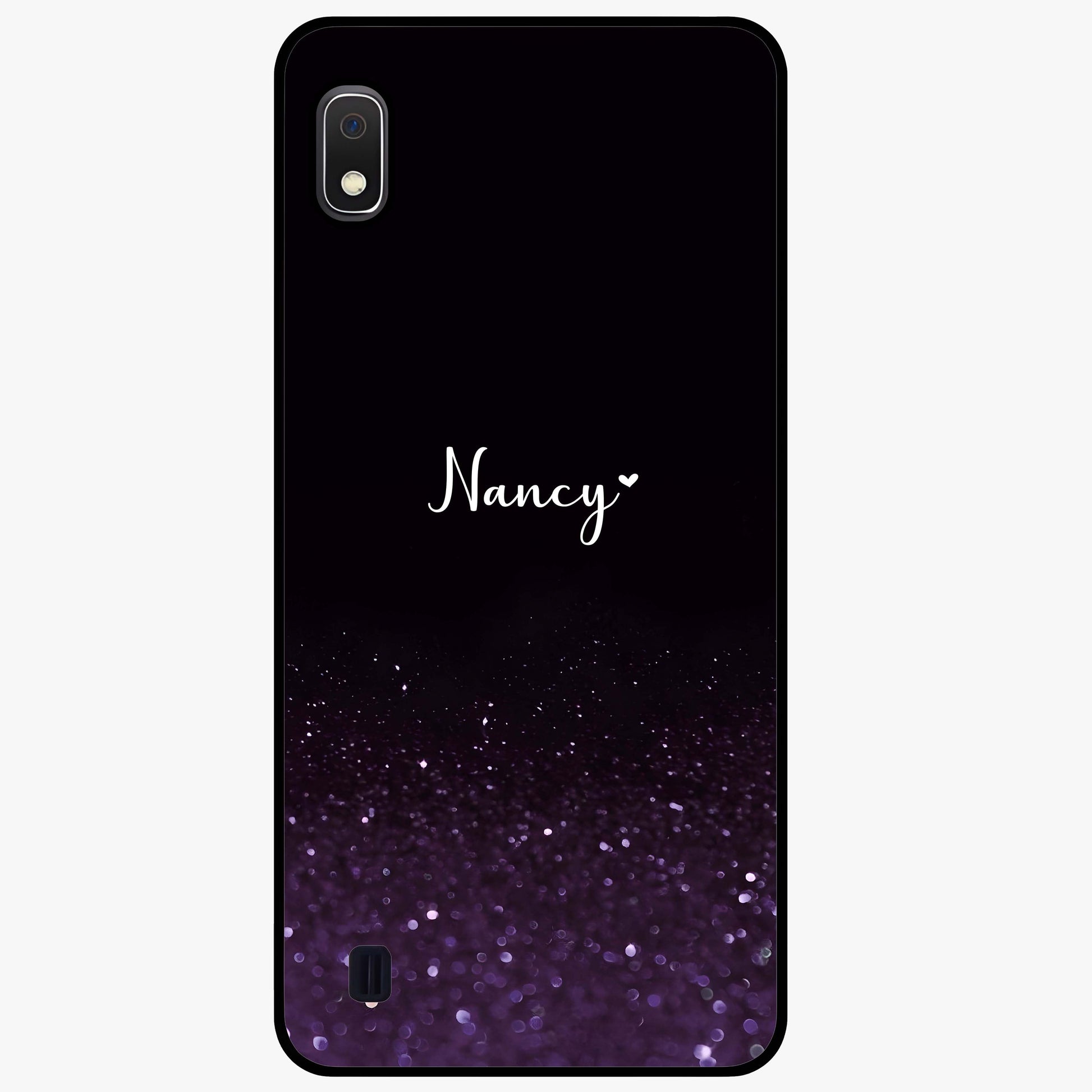 Glittery Purple Bokeh Custom Name Glass Case showing flat back view with purple bokeh sparkle artwork and personalized name design.