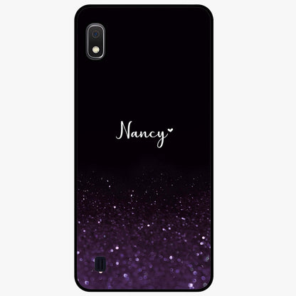 Glittery Purple Bokeh Custom Name Glass Case showing flat back view with purple bokeh sparkle artwork and personalized name design.