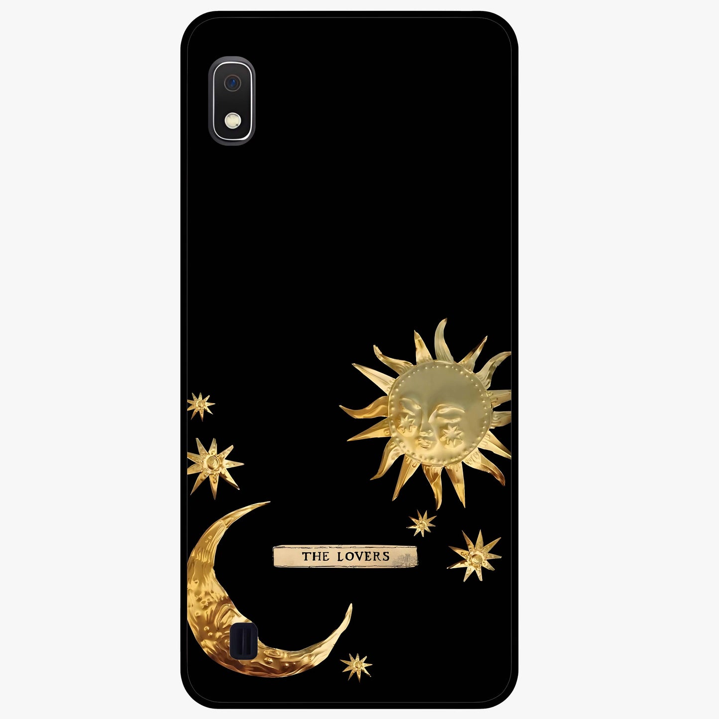 Golden Celestial Charm Glass Case showing flat back view with golden celestial charm artwork and glossy glass finish.
